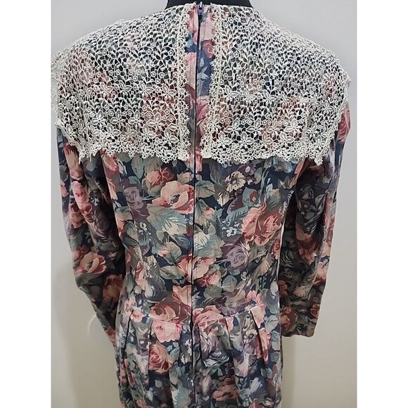 VTG LAURA ASHLEY UK-MADE FLORAL Wool DRESS LACE COLLAR Cottage Core Size 12 - Picture 8 of 11